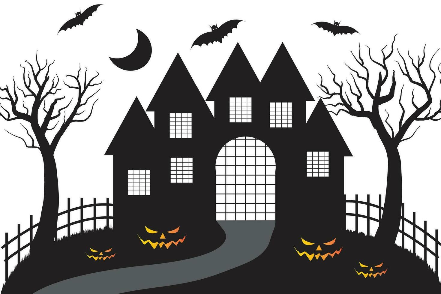 Halloween horreur Château hanté maison bâtiment silhouette vecteur, noir et blanc chauve souris et fantôme effrayant loger, effrayant nuit fête 31 octobre illustration thème, arbres citrouilles tombes sorcière lune des croix vecteur