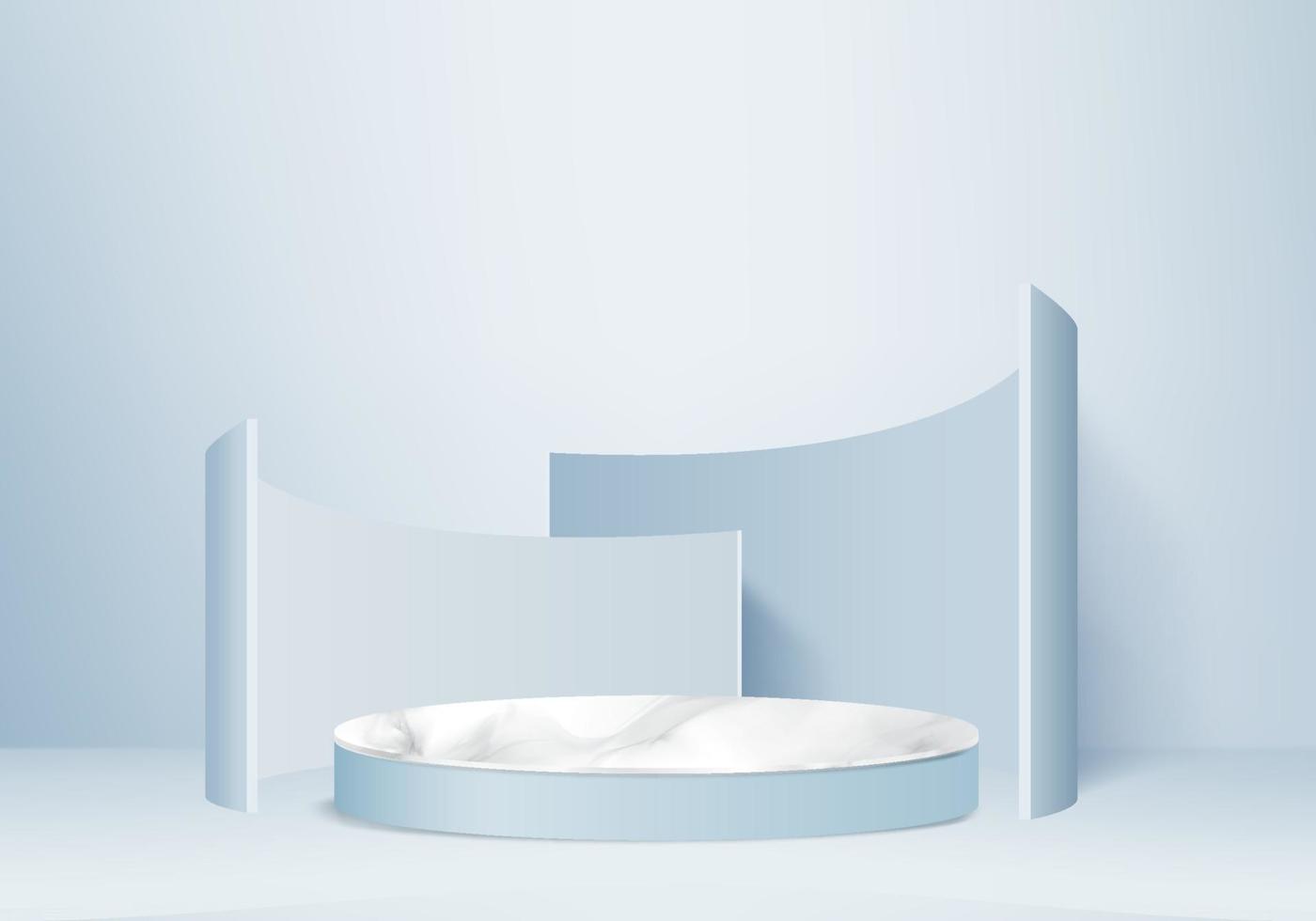 Les produits de fond de pierre de marbre 3D affichent la scène du podium avec le rendu 3d de vecteur de plate-forme géométrique avec le support de podium pour montrer la vitrine de l'étape de produits cosmétiques sur le studio bleu d'affichage de piédestal