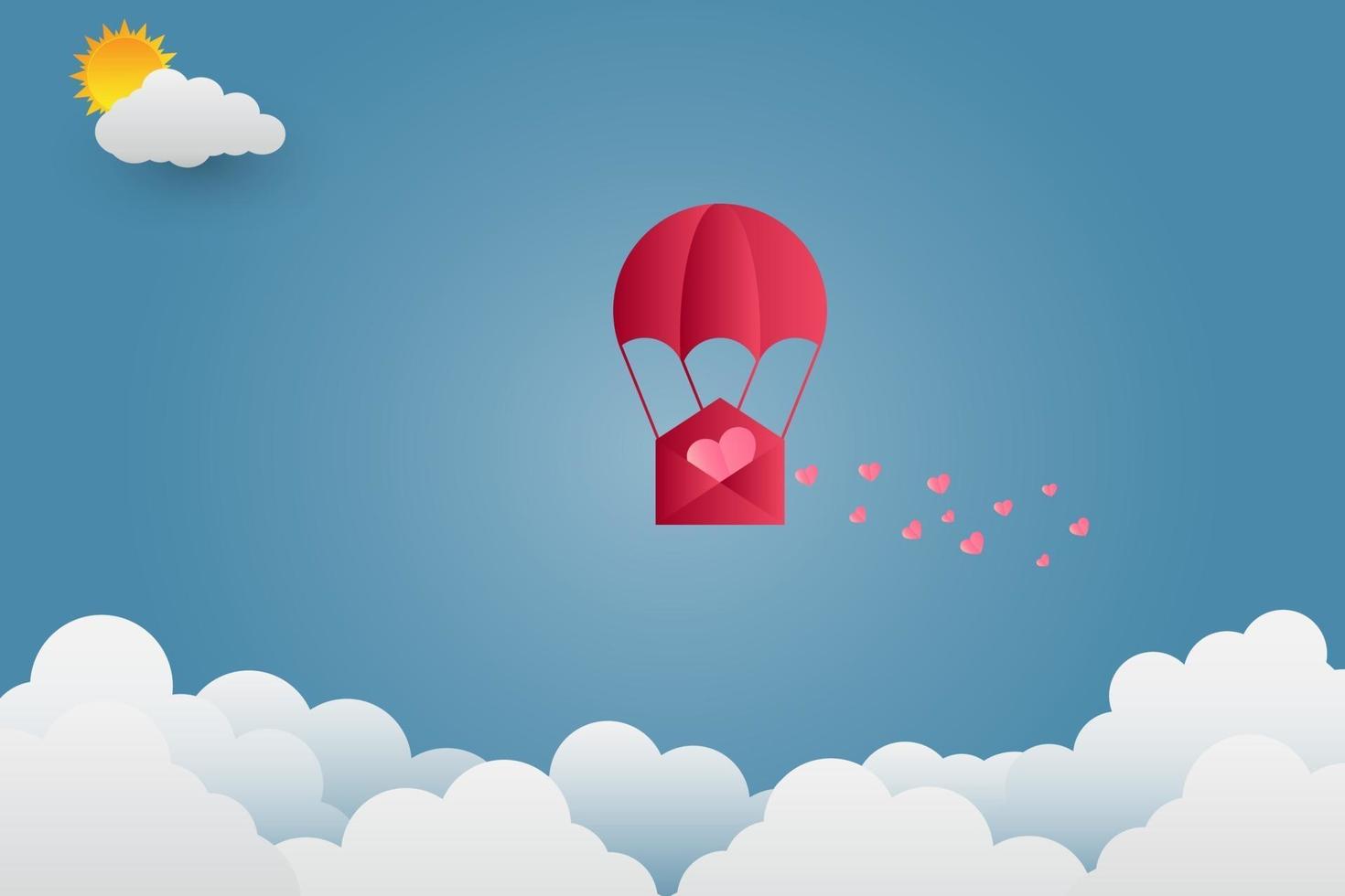 ballon de la saint valentin en forme de coeur flottant dans le ciel et de belles montagnes nuage papier art vecteur