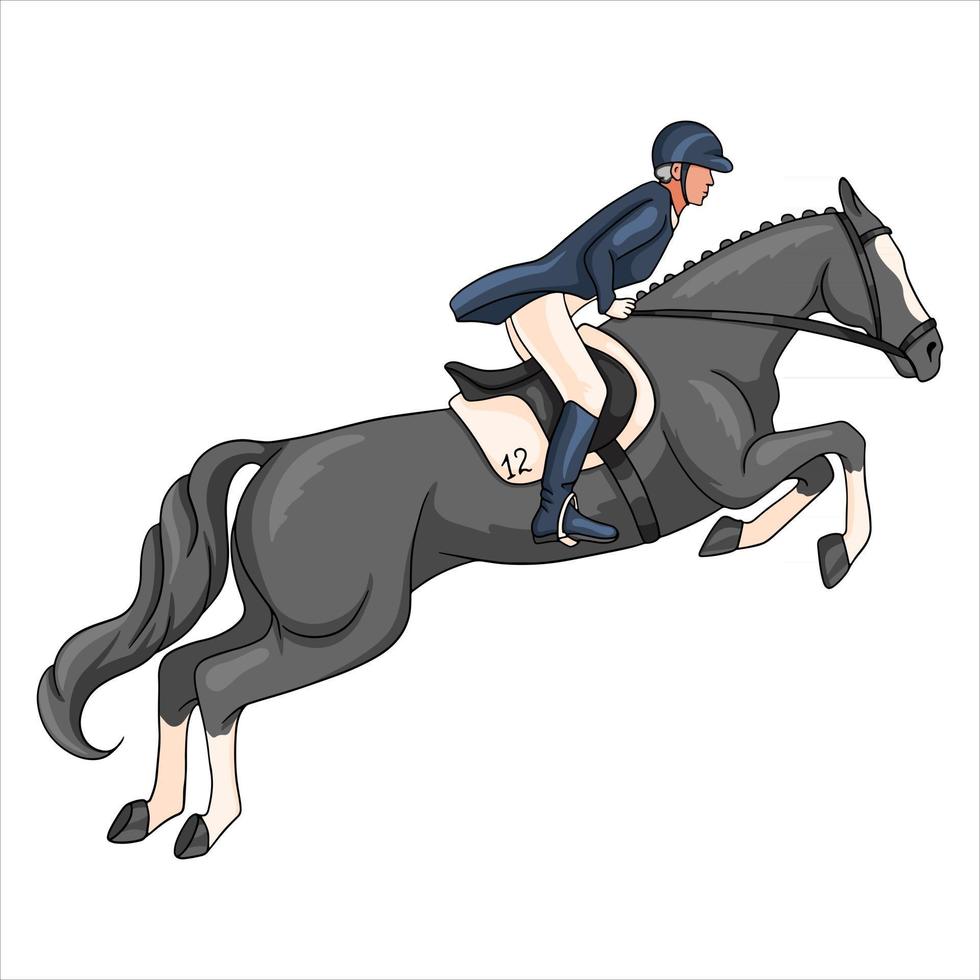 équitation, femme, équitation, cheval saut, dessin animé, style vecteur