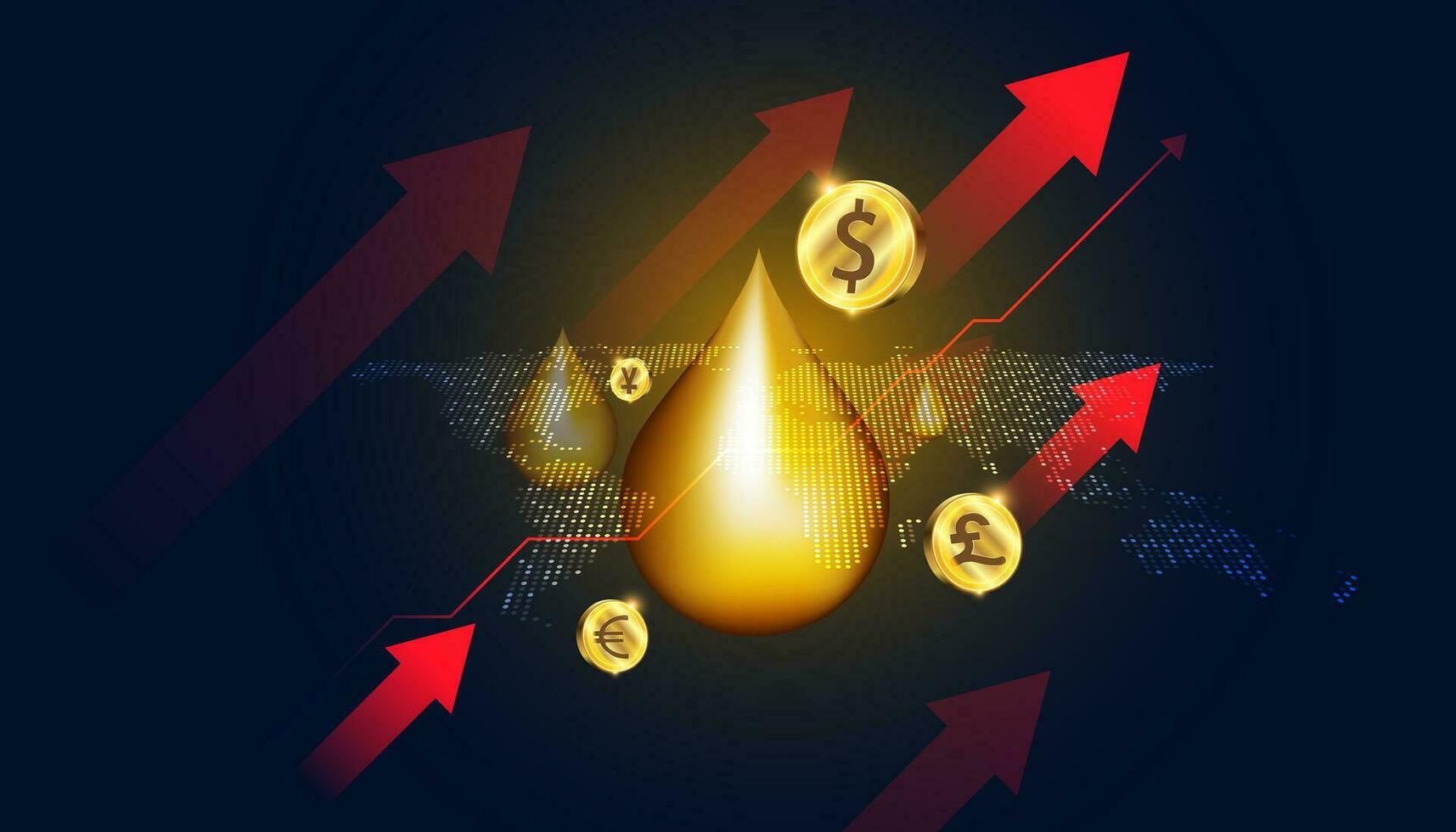 abstrait, flèche, huile, devise et carte, pétrole prix augmenter concept ou énergie dans le monde marché, le Capitale marché, sur une beau, futuriste Contexte vecteur