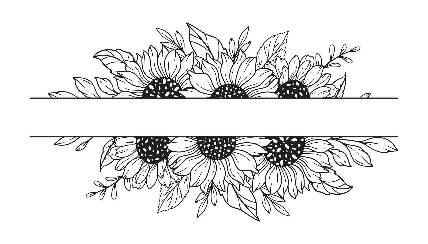 tournesol Divisé frontière. moitié de tournesol. tournesol cadres ligne art, bien ligne tournesol cadres main tiré illustration. coloration page avec tournesols. vecteur