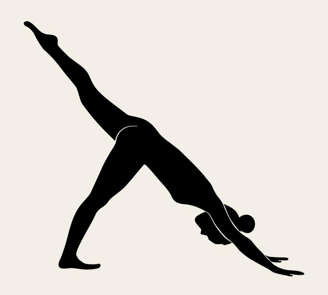 femme Faire yoga, pilates. svelte fille Faire yoga. main tiré noir silhouette vecteur illustration. guerrier pose. santé se soucier et mode de vie concept. femelle yoga.
