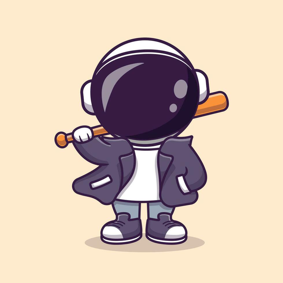 cool astronaute avec base-ball chauve souris et veste dessin animé vecteur icône illustration. science sport icône concept isolé prime vecteur. plat dessin animé style