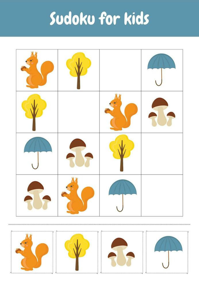 sudoku pour enfants. simplifié sudoku énigmes. imprimable feuilles de travail Activités préscolaire éducation, Jardin d'enfants, l'école à la maison, pédagogique but. logique jeu. l'automne objets. vecteur