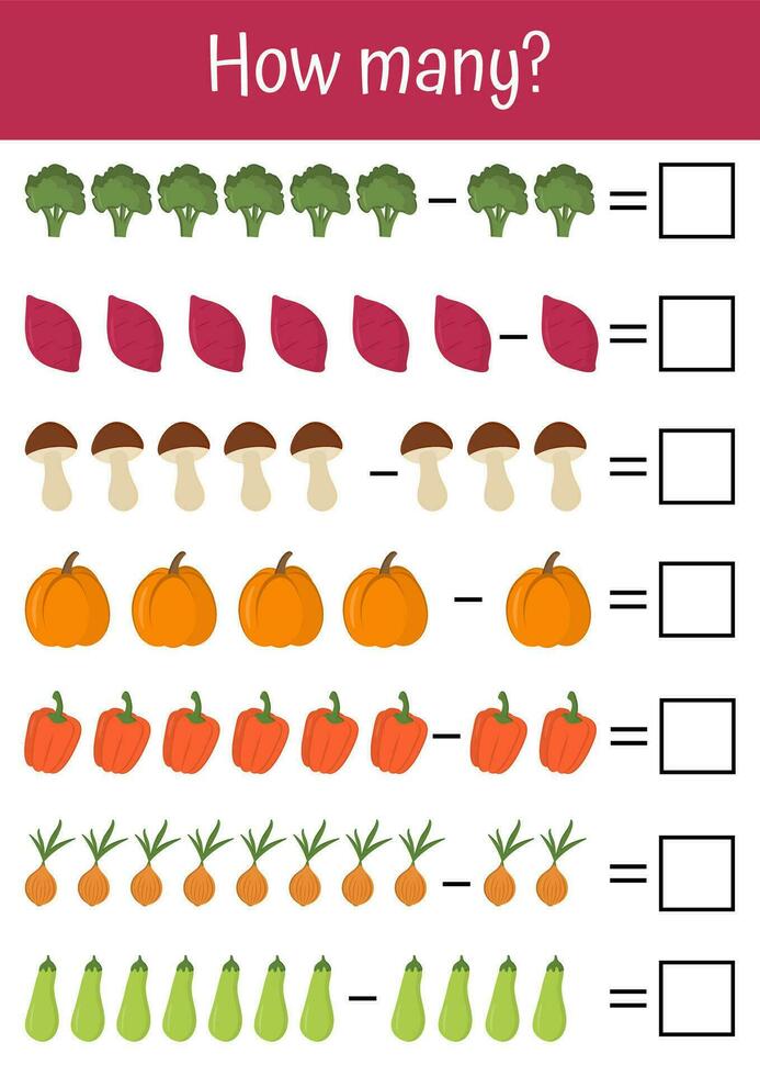 espiègle feuilles de travail pour enfants, mathématique Jeux. coloré éducatif matériaux à entraine toi ajout, soustraction, logique. adapté pour écoles maternelles, jardins d'enfants. des légumes et des fruits mathématique liste. vecteur