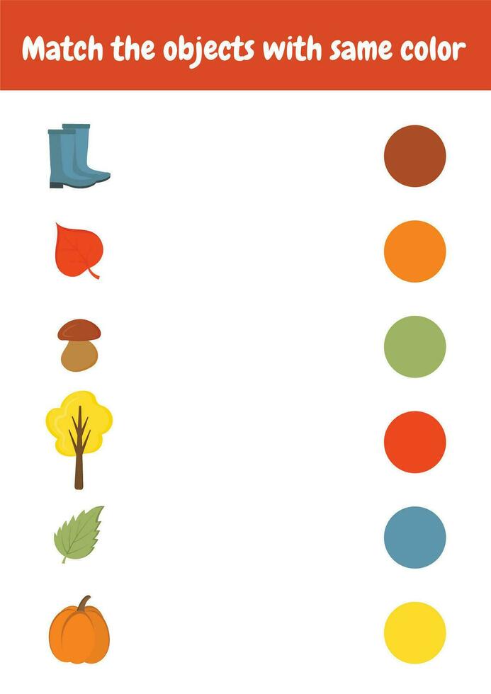 rencontre le objets avec le même couleur. Couleur tri jeu. imprimable feuilles de travail Activités préscolaire éducation, Jardin d'enfants, l'école à la maison, pédagogique. logique Jeu de bonne heure développement. l'automne objets vecteur