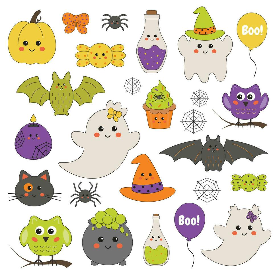 Halloween vecteur éléments et personnages collection - citrouilles, des fantômes, hibou, chat, des sucreries, bougies, chauve souris, araignée. décoratif éléments pour cartes, invitation, fête les attributs. mignonne puéril style.