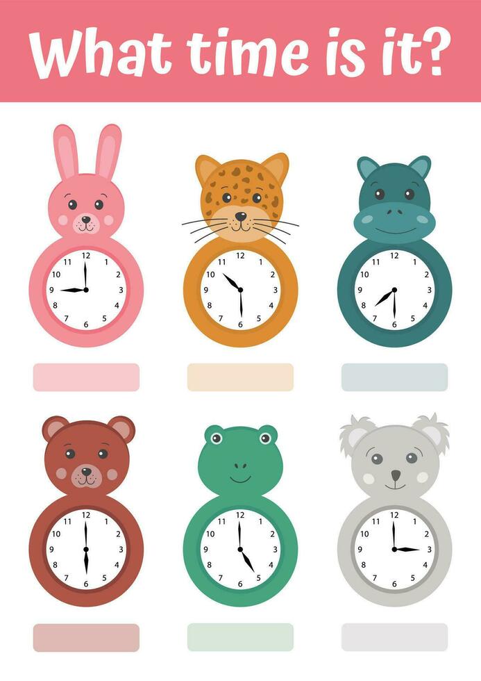 dire l'activité éducative de l'heure avec horloge en forme d'animaux drôles de dessin animé. apprentissage du temps préscolaire. un jeu pour les enfants. feuille de travail pour les écoliers. jeux utiles pour le préscolaire et la maternelle. vecteur