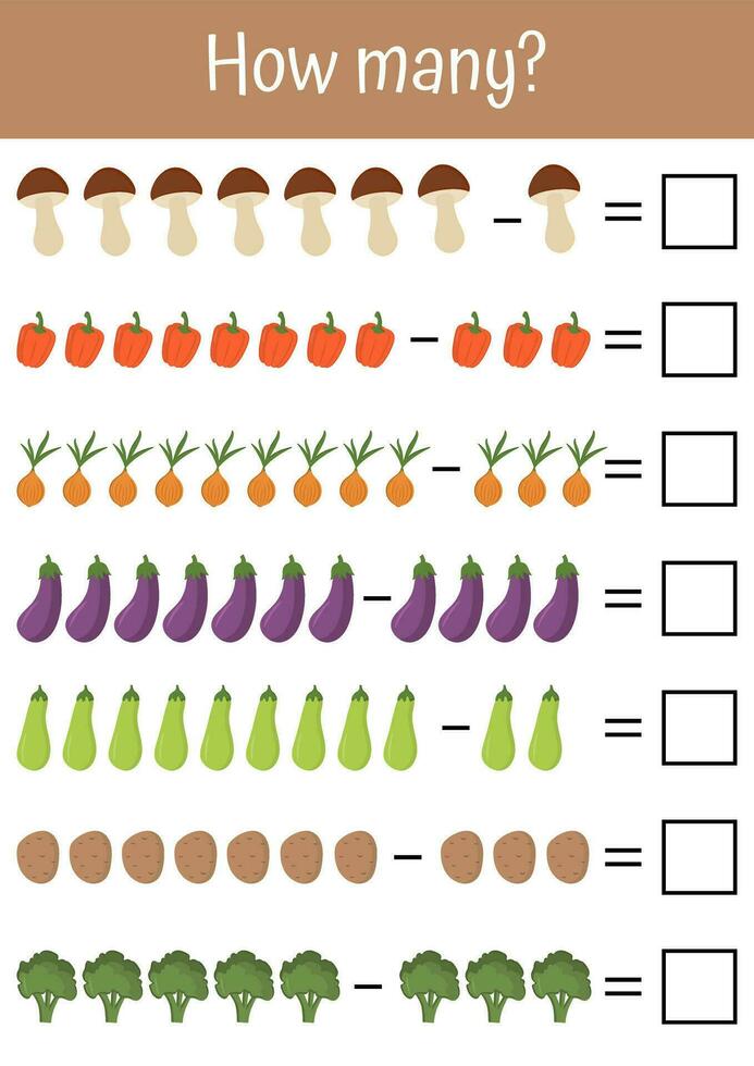 ajout, soustraction, et compte pour de bonne heure enfant développement. parfait pour écoles et jardins d'enfants. des légumes et des fruits mathématique listes. rencontre le correct réponses, apprendre math avec intérêt. vecteur