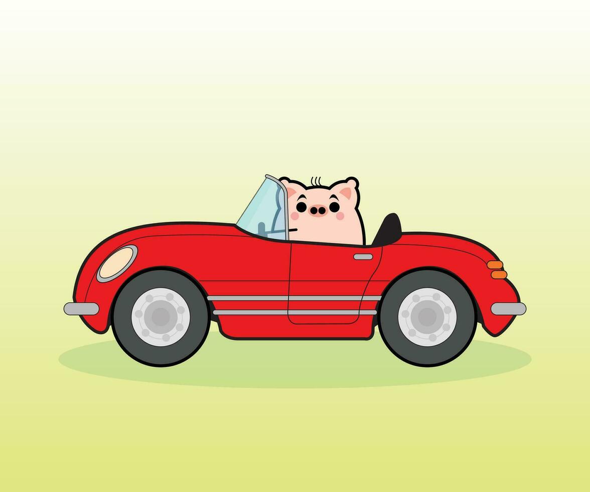 dessin animé porc avec rouge voiture conduite dans route gratuit vecteur des illustrations