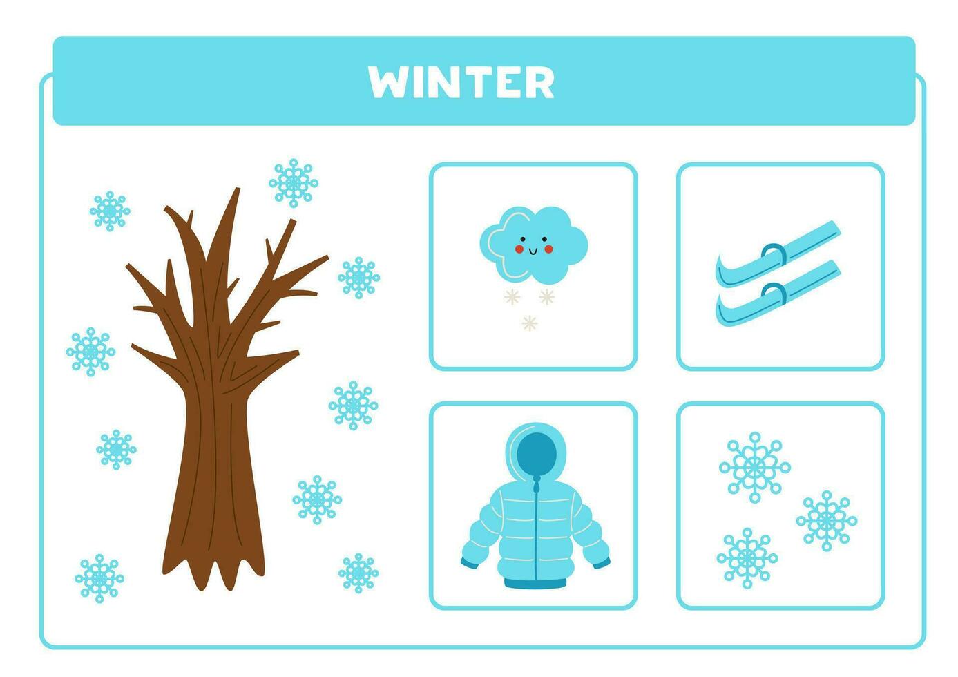 apprentissage saison hiver, hiver veste, neigeux nuage, flocons de neige, ski. vecteur