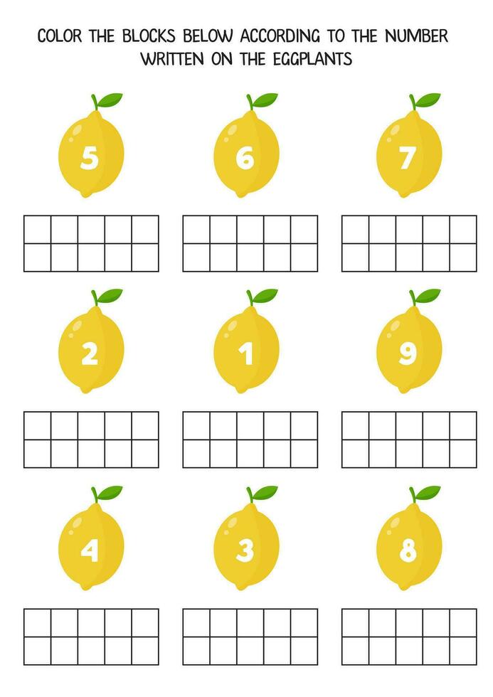 feuille de travail pour enfants. Couleur le blocs au dessous de selon à le nombre sur le citrons. vecteur