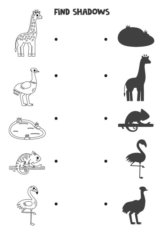 trouver le correct ombres de noir et blanc africain animaux. logique puzzle pour enfants. vecteur