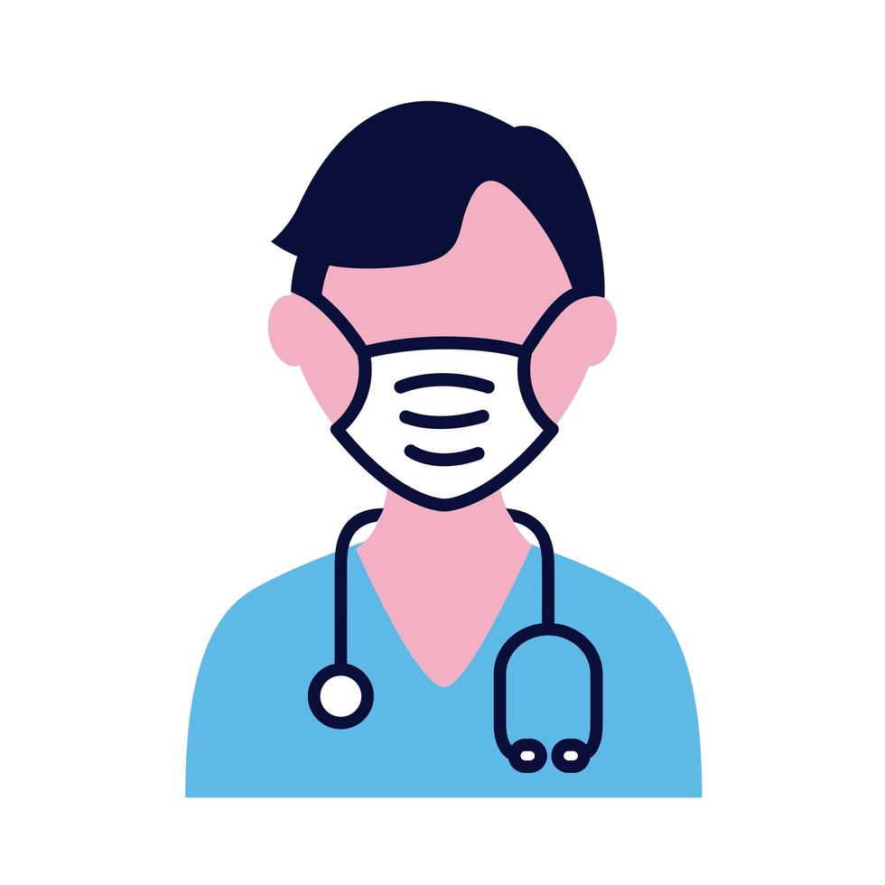 médecin de sexe masculin portant un masque médical avec icône de style plat stéthoscope vecteur