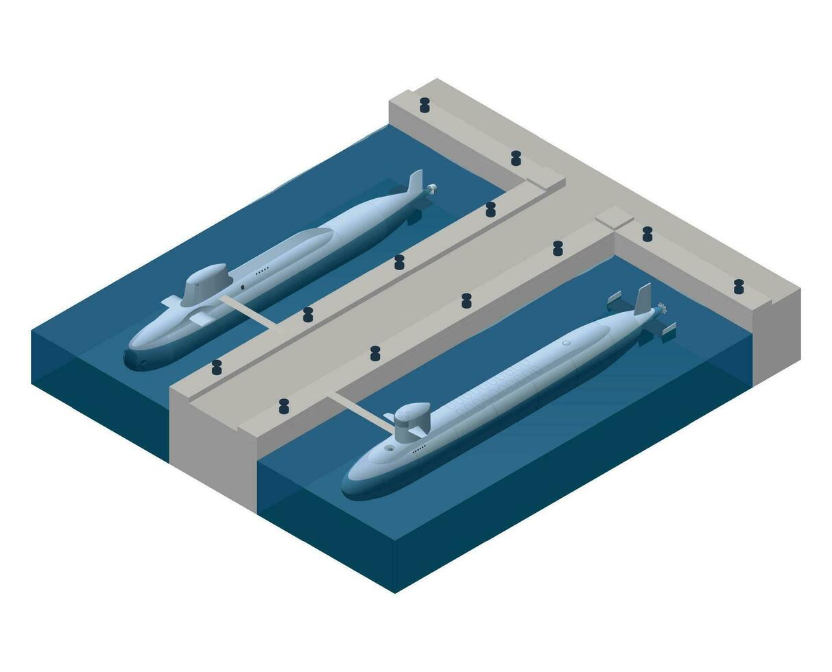 isométrique sous-marins à quai composition vecteur