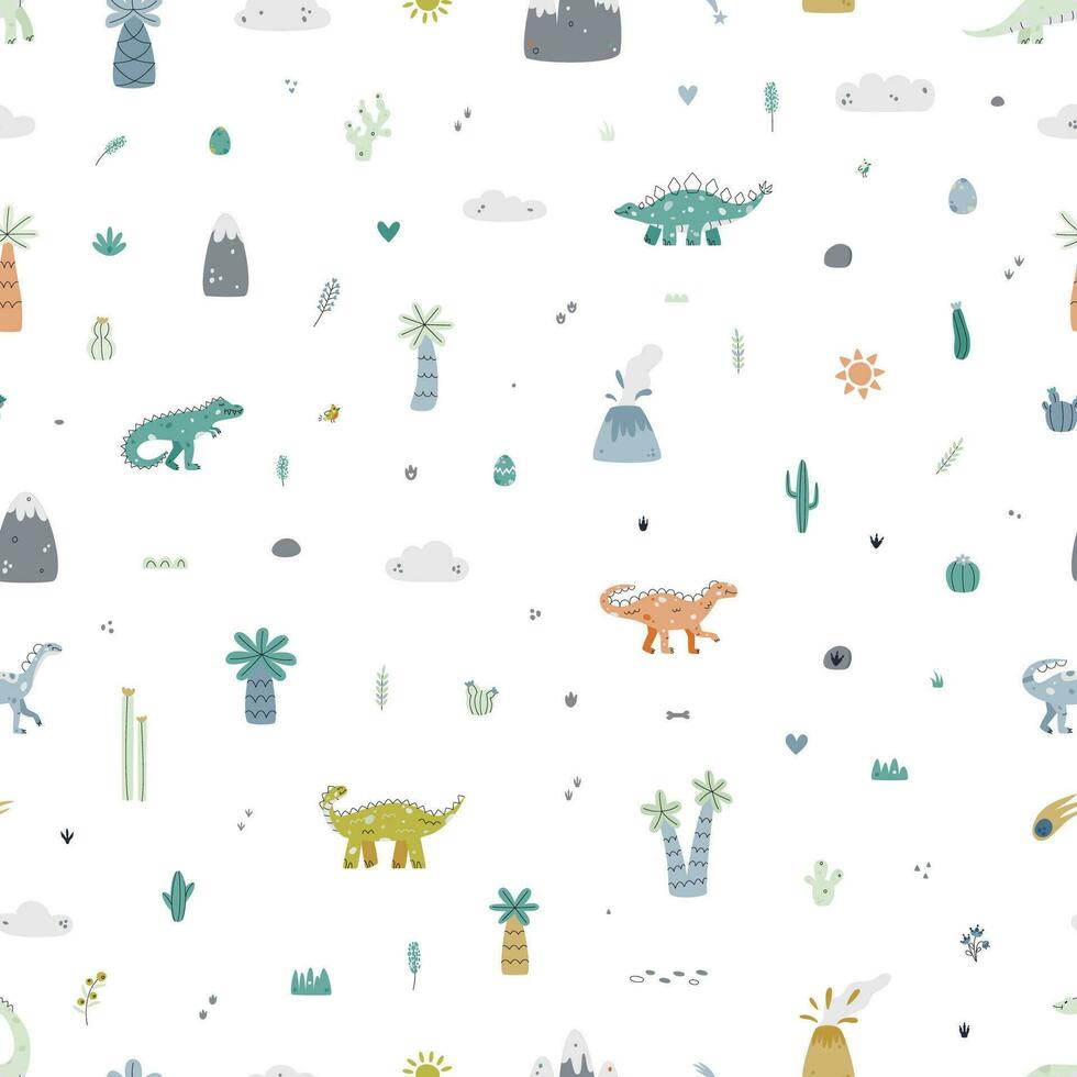 vecteur sans couture modèle avec dinosaure, montagnes, palmier, herbe, volcan et cactus