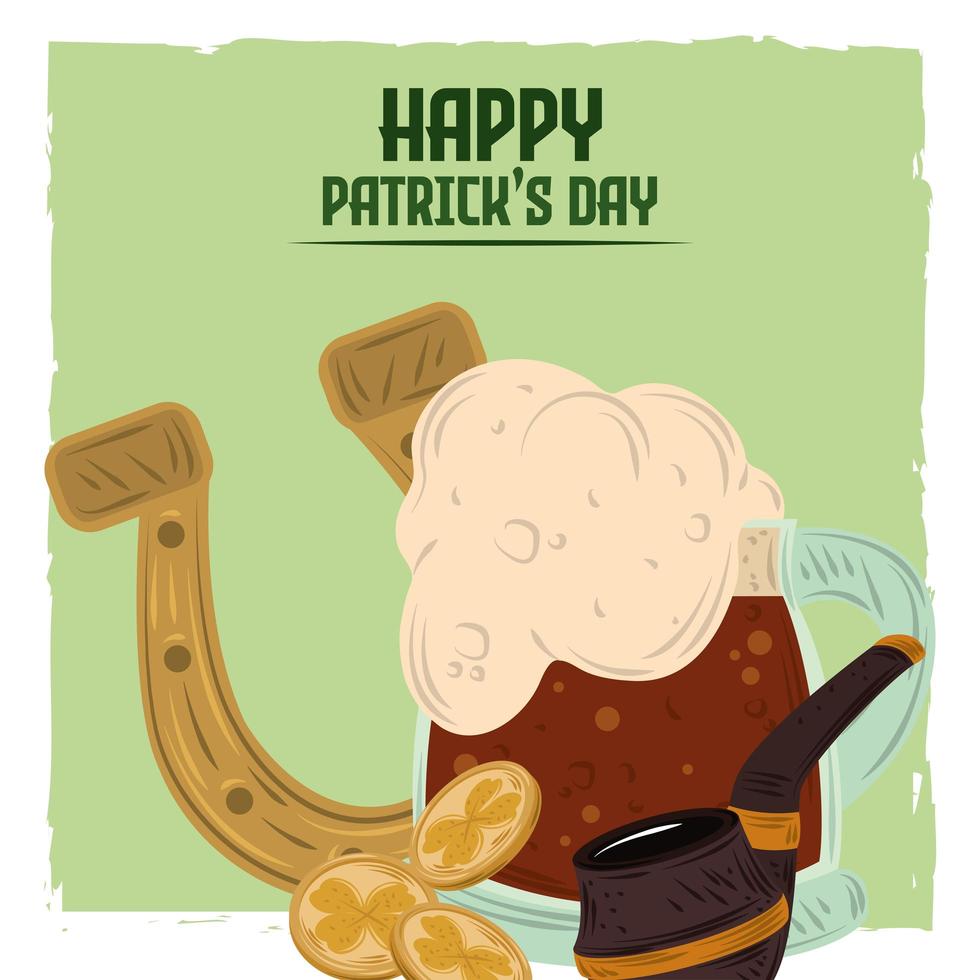 Happy Patricks Day carte d'invitation pipe à bière en fer à cheval et pièces de monnaie vecteur