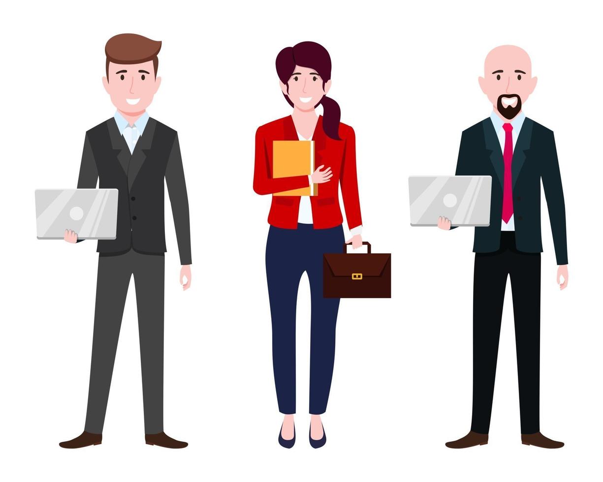 personnages d'homme d'affaires et de femme d'affaires portant une tenue d'affaires debout avec un fichier de sac pour ordinateurs portables vecteur