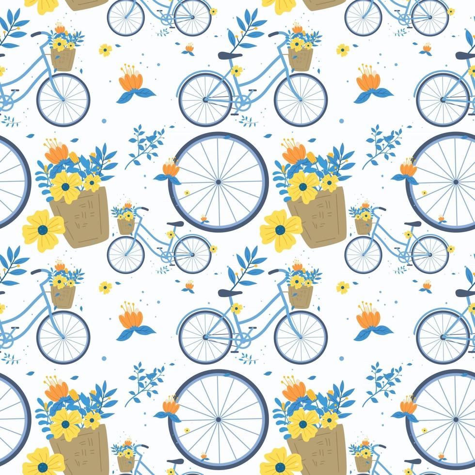 vélo ou vélo avec fleurs et seau modèle sans couture dessinés à la main vecteur