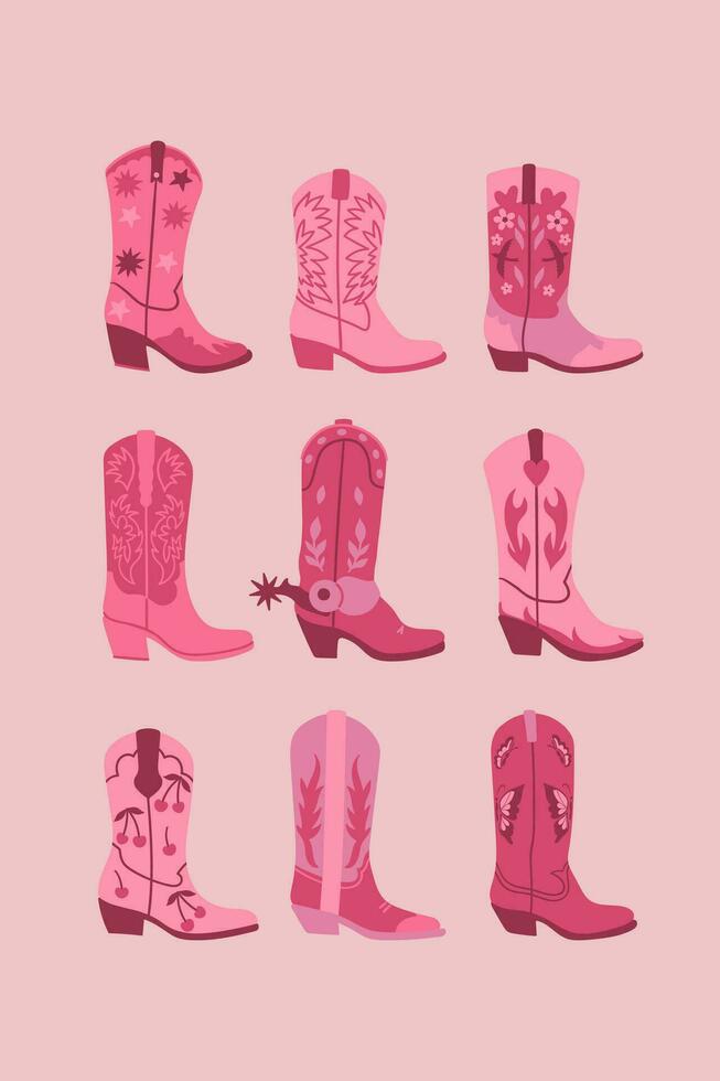 ensemble de rose branché cow-girl bottes. vecteur graphique.