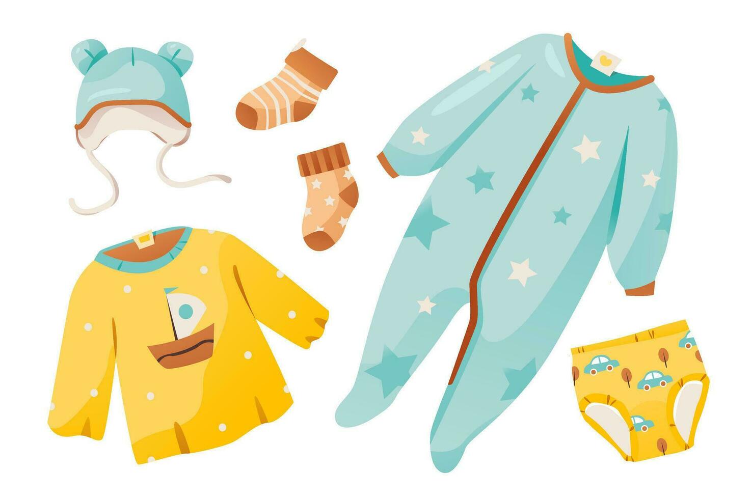 mignonne vêtements pour une nouveau née bébé garçon. c'est une garçon. bébé douche. dessin animé vecteur illustration.