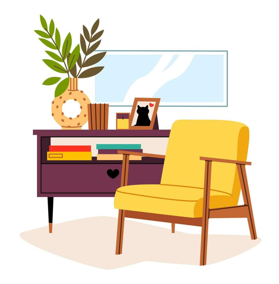 confortable intérieur de une chambre. confortable appartement avec un fauteuil, une chevet table et une pot avec une plante. plat moderne vecteur illustration.