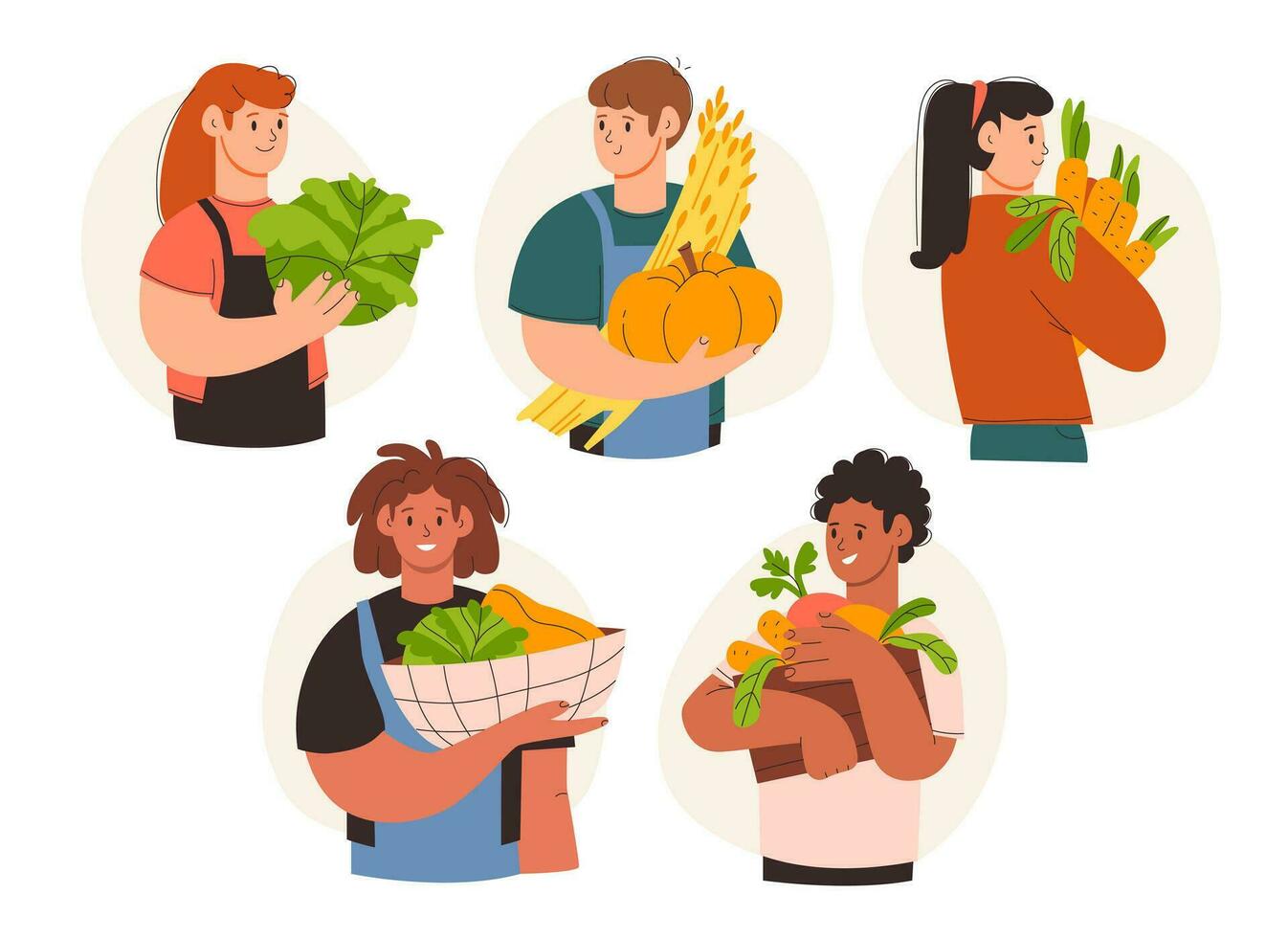 agriculteur gens ensemble. Hommes et femmes avec récolté cultures et des légumes. végétalien aliments. récolte. plat vecteur lustration.