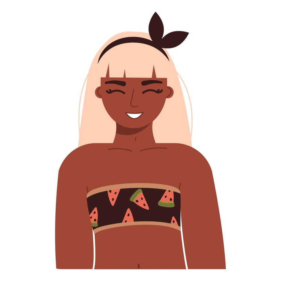 fille en maillot de bain en vacances femme à la peau foncée en maillot de bain adorable jeune femme afro-américaine souriante aux cheveux roses vecteur