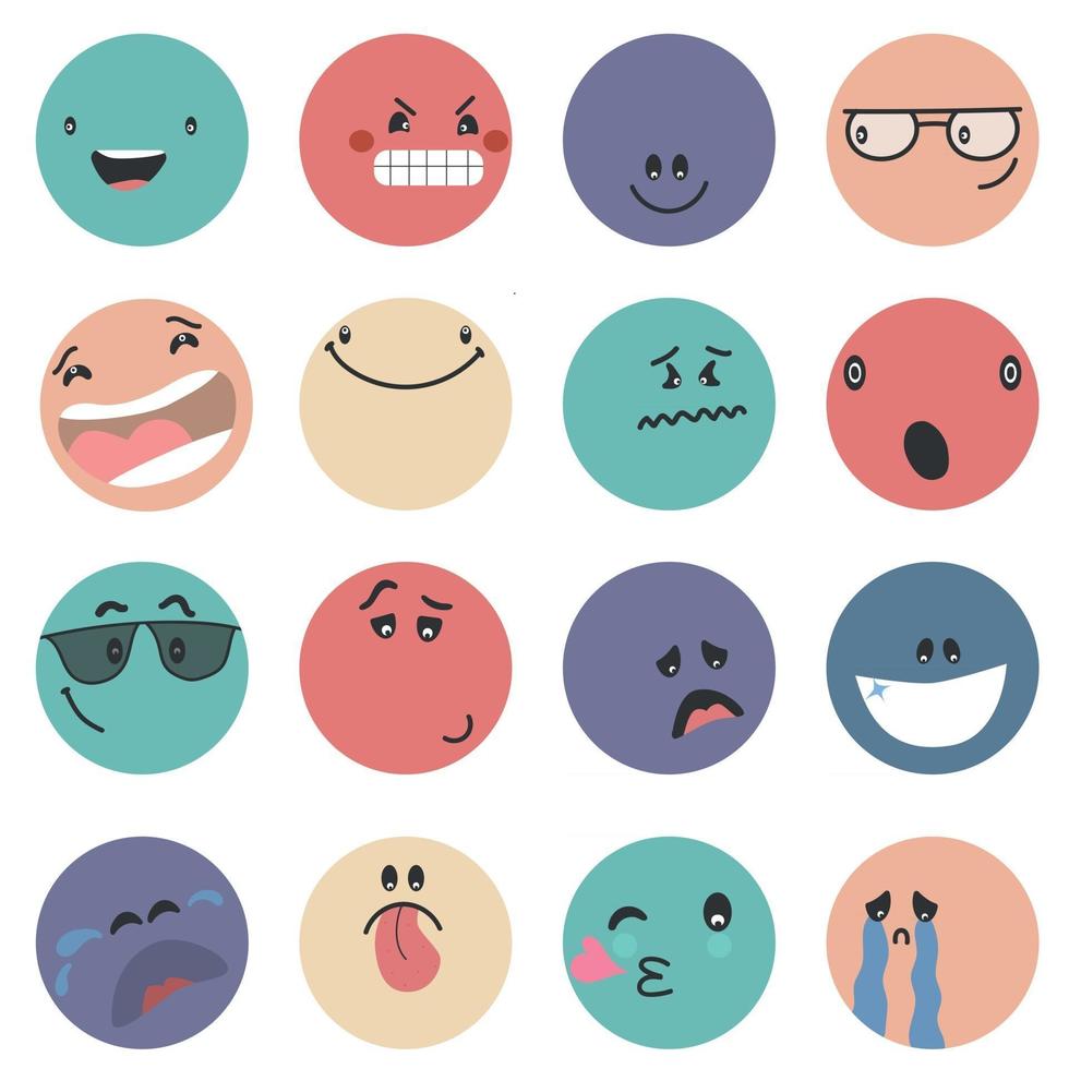 visages de bande dessinée abstraite ronds avec diverses émotions différents personnages colorés style de dessin animé émoticônes design plat ensemble visages emoji émoticône sourire expression de smiley numérique émotions sentiments chat messager émoticônes vecteur