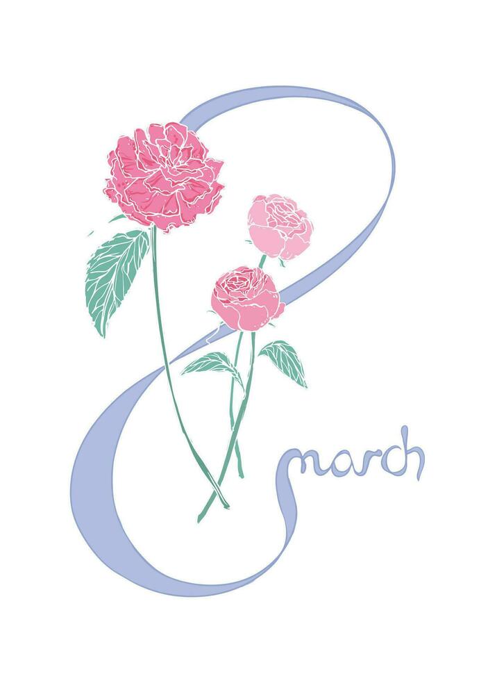 8 Mars salutation carte. aux femmes journée conception modèle avec fleurs et chiffre. vecteur