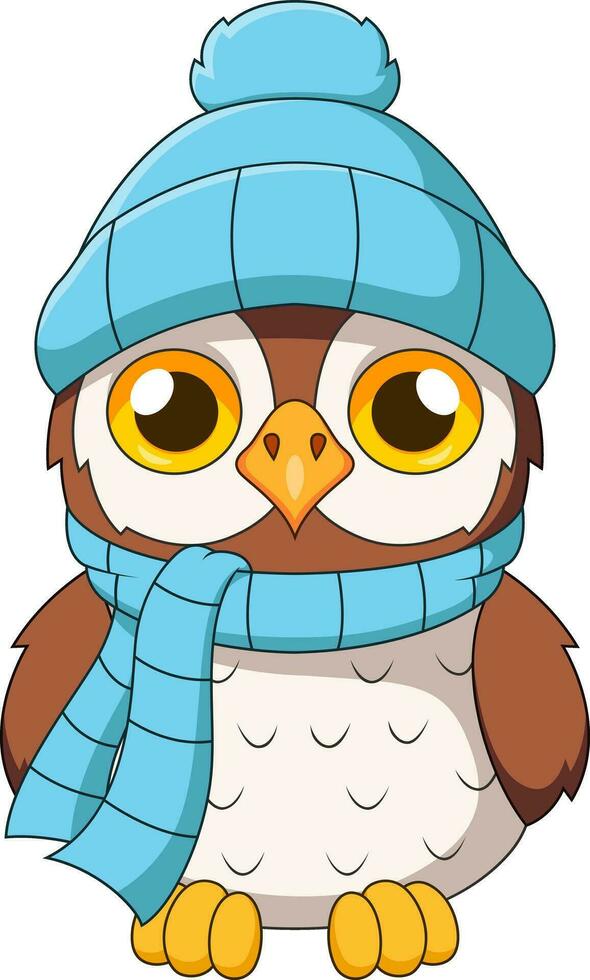 mignonne hibou mascotte dessin animé avec écharpe et hiver chapeau vecteur
