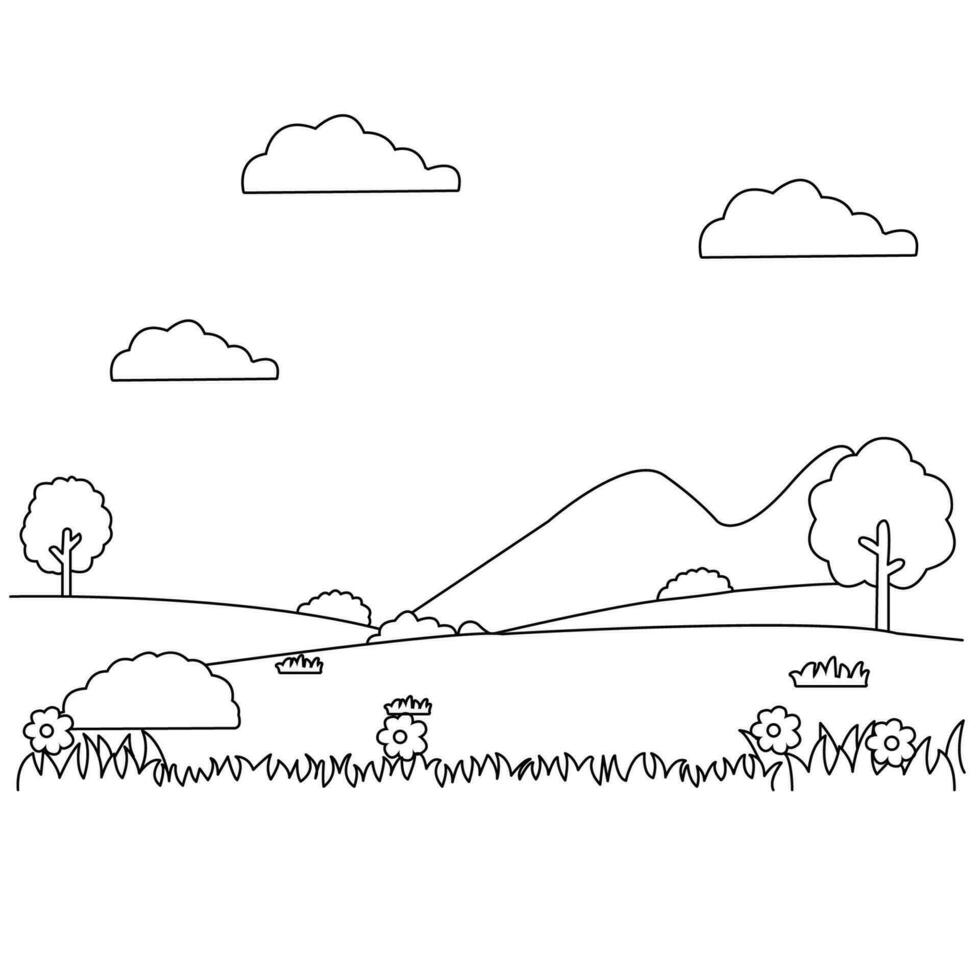 une coloration page avec une paysage et des arbres vecteur