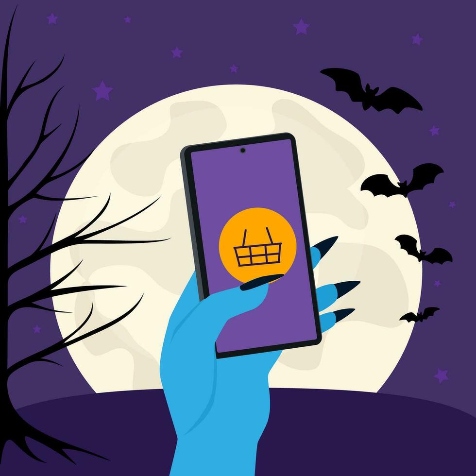 content Halloween. Halloween concept avec chauves-souris, lune. zombi main détient téléphone, appel et magasin vecteur illustration conception modèle pour bannière ou affiche.