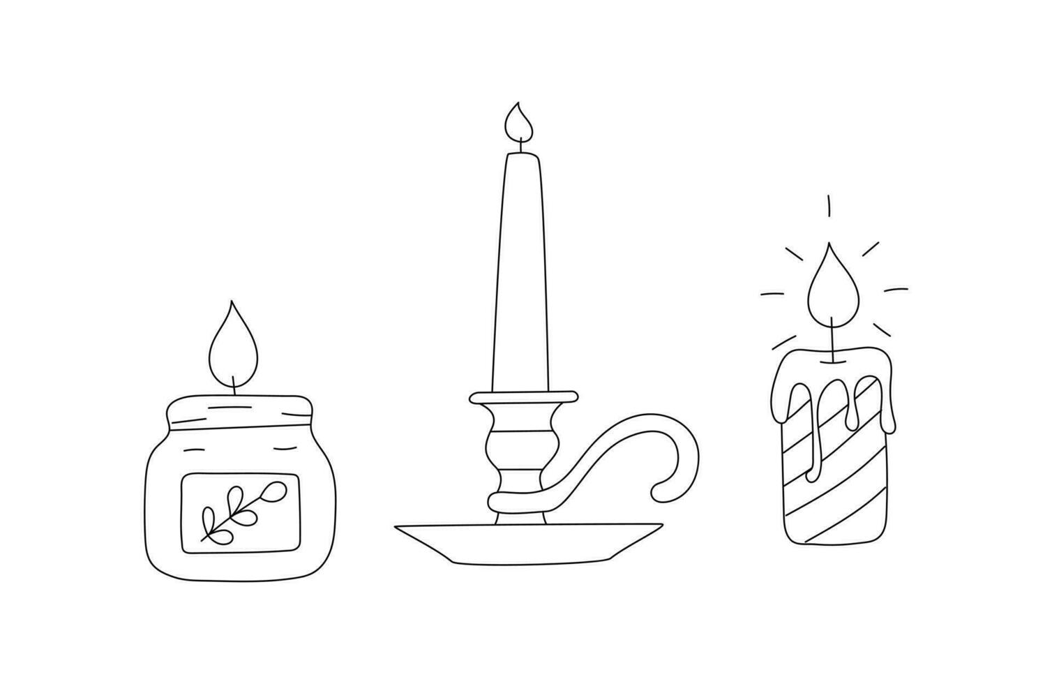 contour griffonnage brûlant la cire bougies dans bougie titulaire, pot. une symbole de fête, religion, éclairage dans le sombre, en lisant, en étudiant, apprentissage. noir et blanc vecteur illustration isolé sur blanc