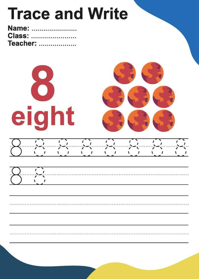 tracer et écrire le numéro pour les enfants. exercice pour que les enfants reconnaissent le nombre. feuille de travail pédagogique pour le préscolaire. fichier vectoriel. vecteur