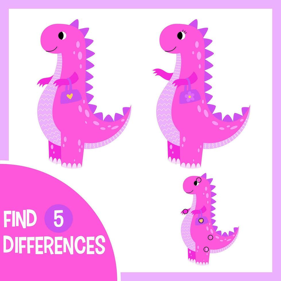 trouver différences. éducatif Jeu pour les enfants. tyrannosaure princesse, fille dinosaure. dessin animé vecteur illustration mignonne des gamins balade dinosaure.