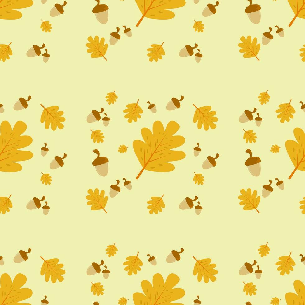 sans couture modèle Contexte de chute marron feuilles et gland sur une Jaune Contexte. concept de tomber feuilles dans l'automne saison. vecteur