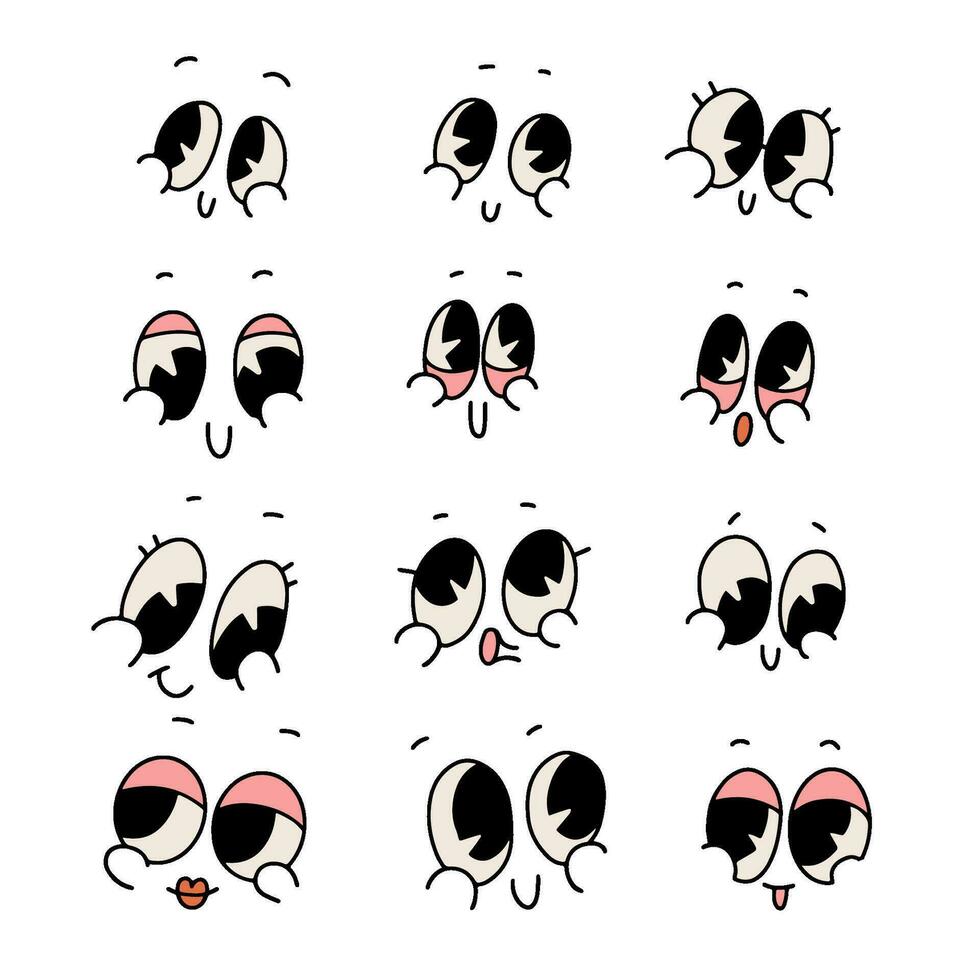 ancien marrant et content ensemble de rétro dessin animé visages. ancien excentrique personnages sourire collection. marrant museau avec gros joues, yeux et bouche. contour vecteur illustration.