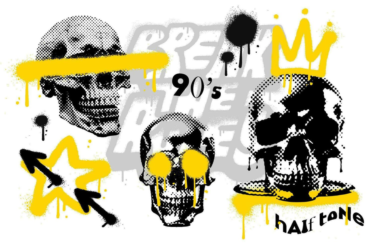 Urbain graffiti art éléments ensemble avec grungy demi-teinte crânes vêtement de rue impression et Années 90 typographie. terrifiant rétro vecteur conception pour Halloween