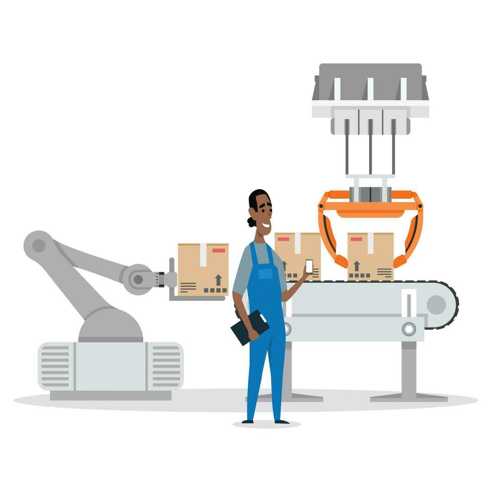 efficace intelligent usine avec ouvriers, des robots et Assemblée doubler, industrie 4.0 et La technologie concept. vecteur