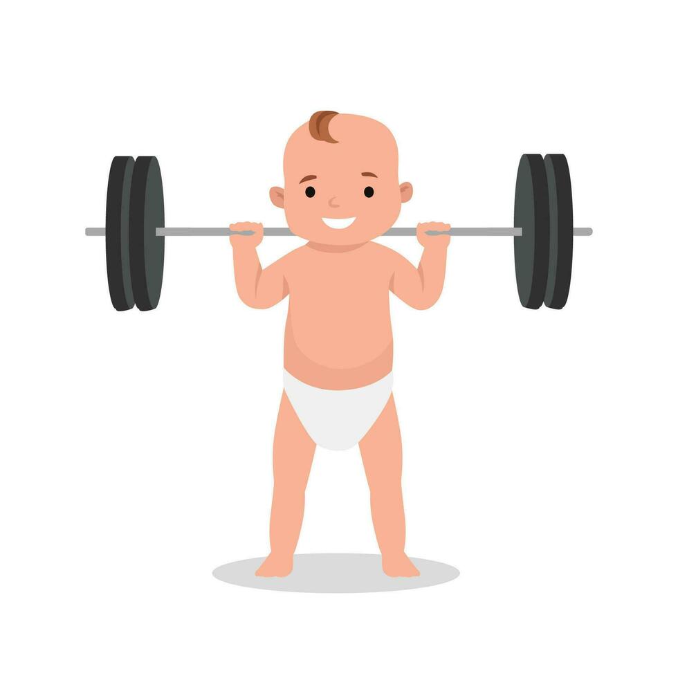 dessin animé de une bébé levage haltère dans une s'accroupir position. vecteur
