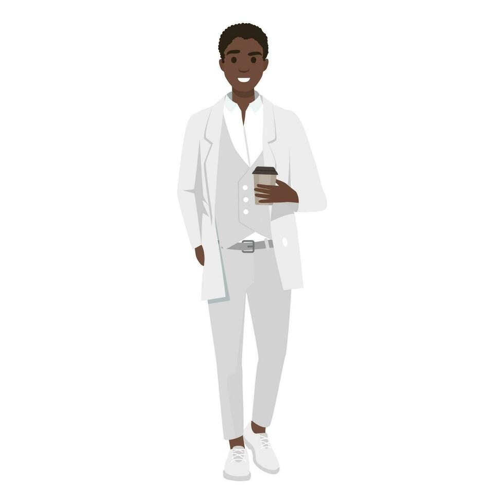 élégant noir affaires homme portant formel ou intelligent décontractée tenue - gris costume et baskets. africain américain Jeune Masculin personnage en marchant en portant prendre une façon café. vecteur