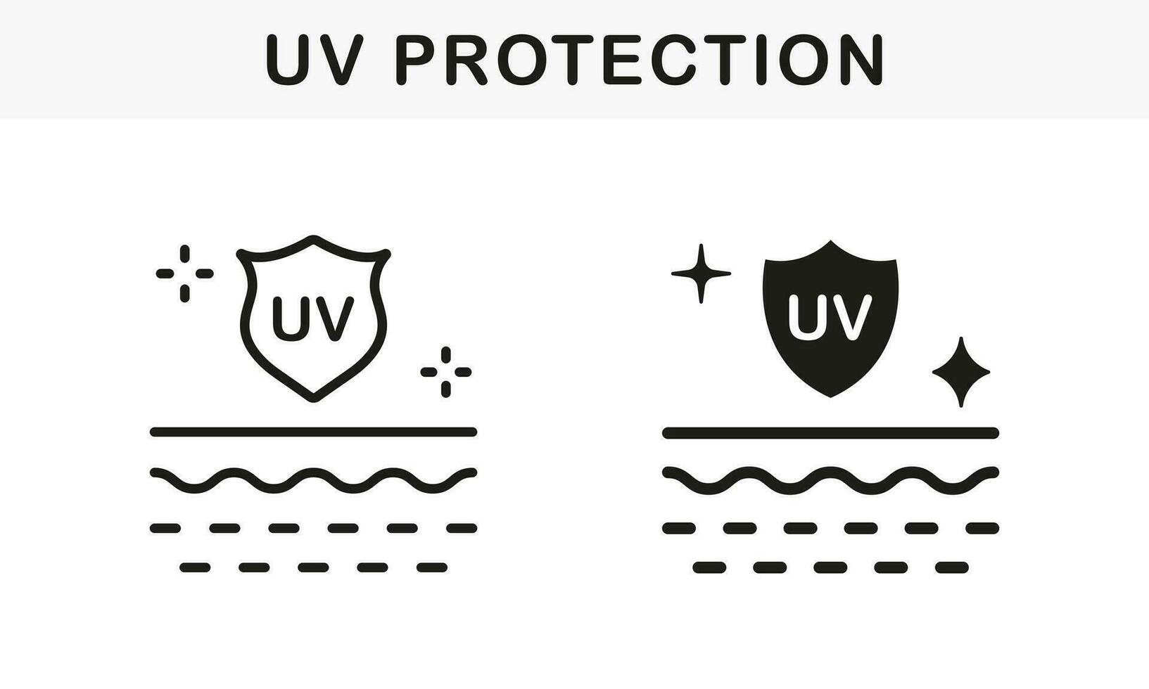 Soleil bouclier pour protection peau de uv des rayons ligne et silhouette noir icône ensemble. peau se soucier et spf crème. bloquer solaire lumière et ultra-violet radiation symbole collection. isolé vecteur illustration.