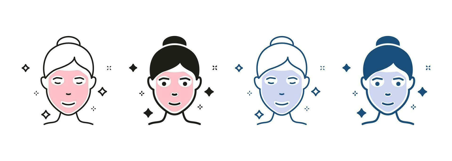 beauté cosmétique visage masque, se détendre spa thérapie pictogramme. femme avec faciale scintillait masque ligne et silhouette icône ensemble. femelle visage peau se soucier symbole collection. isolé vecteur illustration.