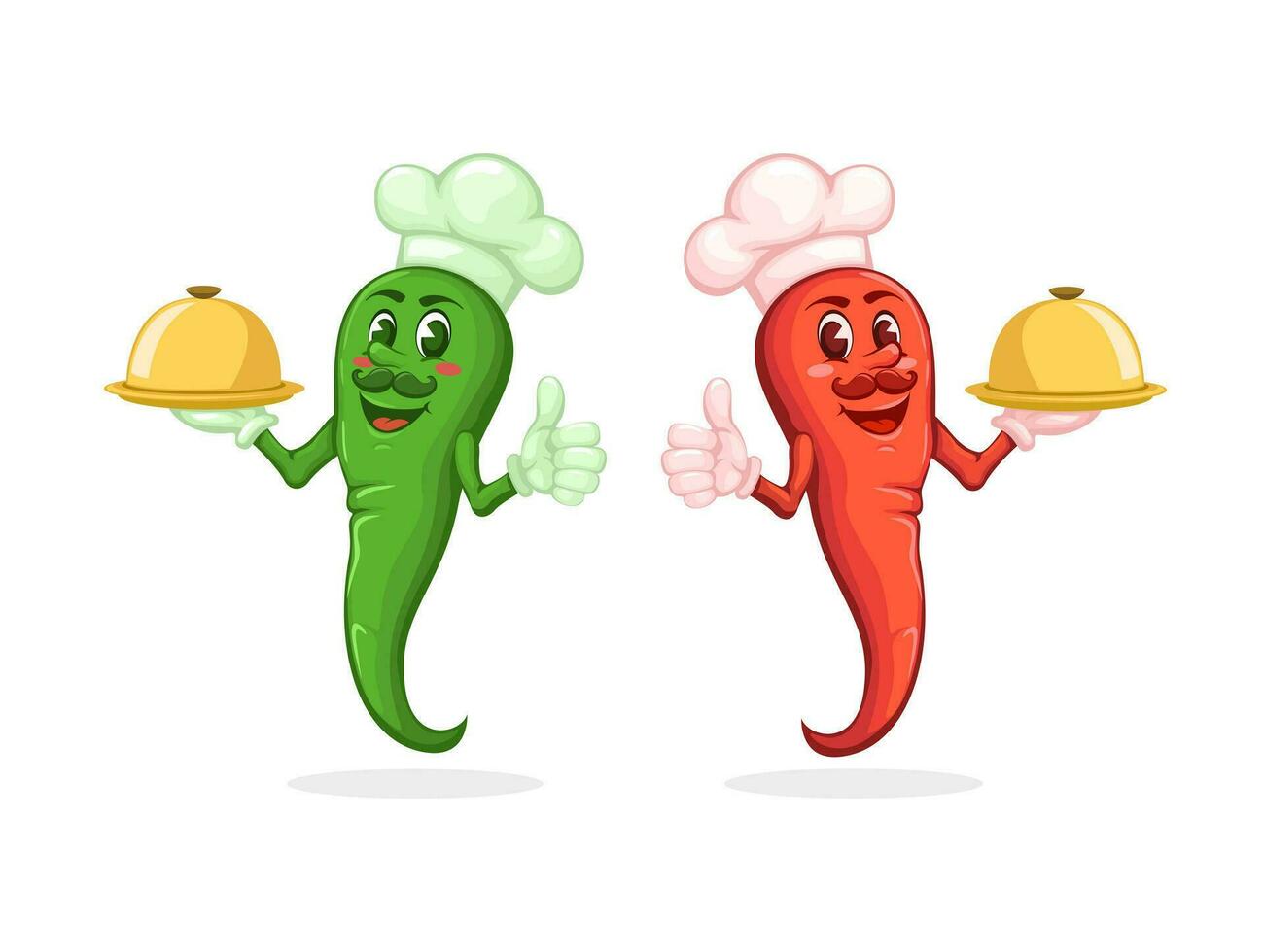 rouge et vert le Chili tenir nourriture plateau. épicé nourriture mascotte dessin animé illustration vecteur
