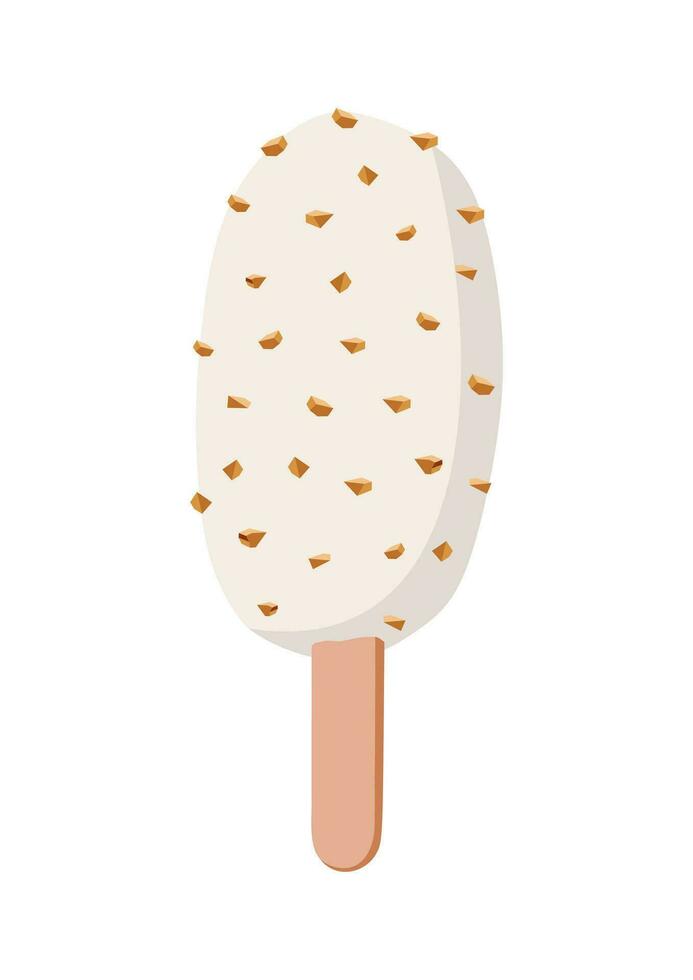 la glace crème esquimau vecteur illustration. des noisettes couvert avec blanc Chocolat avec en bois bâton isolé sur blanc Contexte