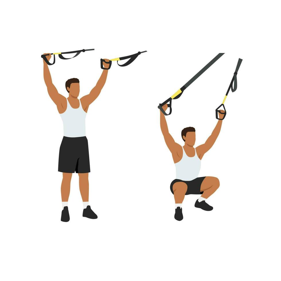 homme Faire trx suspension les bretelles aérien squats exercer. plat vecteur illustration isolé sur blanc Contexte