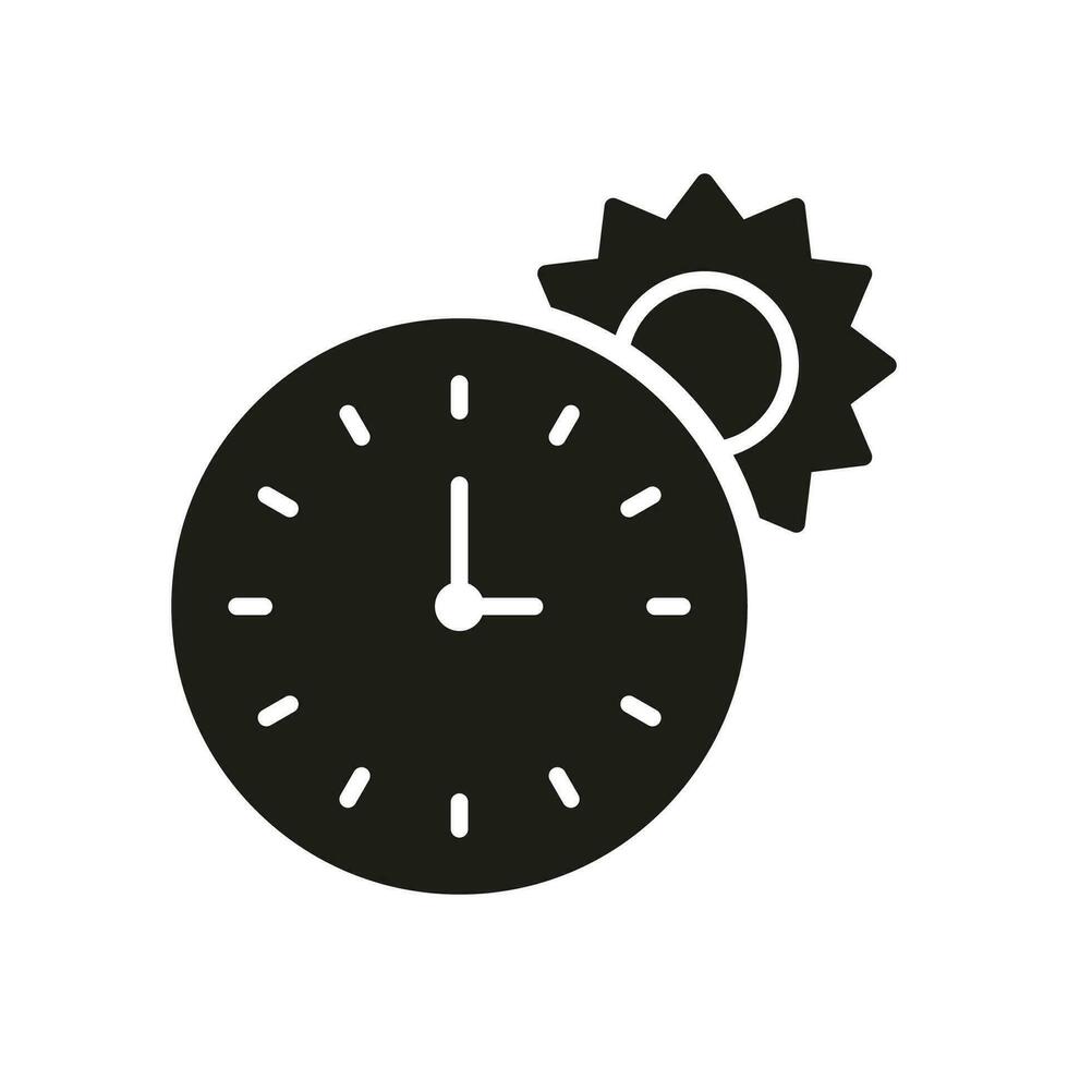 été temps silhouette icône. l'horloge et Soleil glyphe pictogramme. Matin soleil, heure d'été symbole. alarme pour bain de soleil solide signe. lever du soleil et le coucher du soleil heures. isolé vecteur illustration.