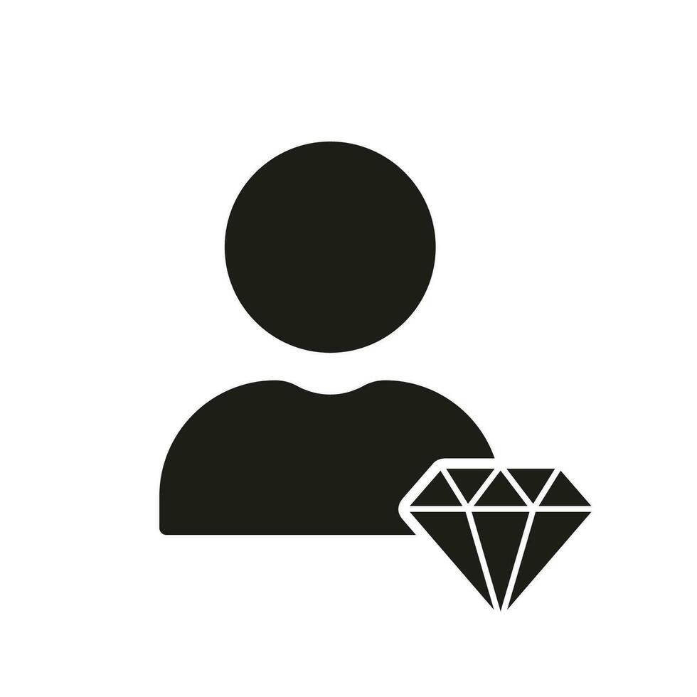 homme avec diamant, employé valeur silhouette icône. affaires des principes symbole. entreprise idéologie glyphe pictogramme. la personne est coeur valeurs à travail solide signe. isolé vecteur illustration.a